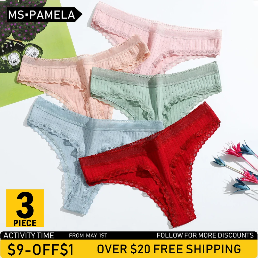 

3PCS Sexy G-string Panties Cotton Thongs Women's Underwear Sexy Panties Female Underpants Thong lace Solid Color Pantys Lingerie