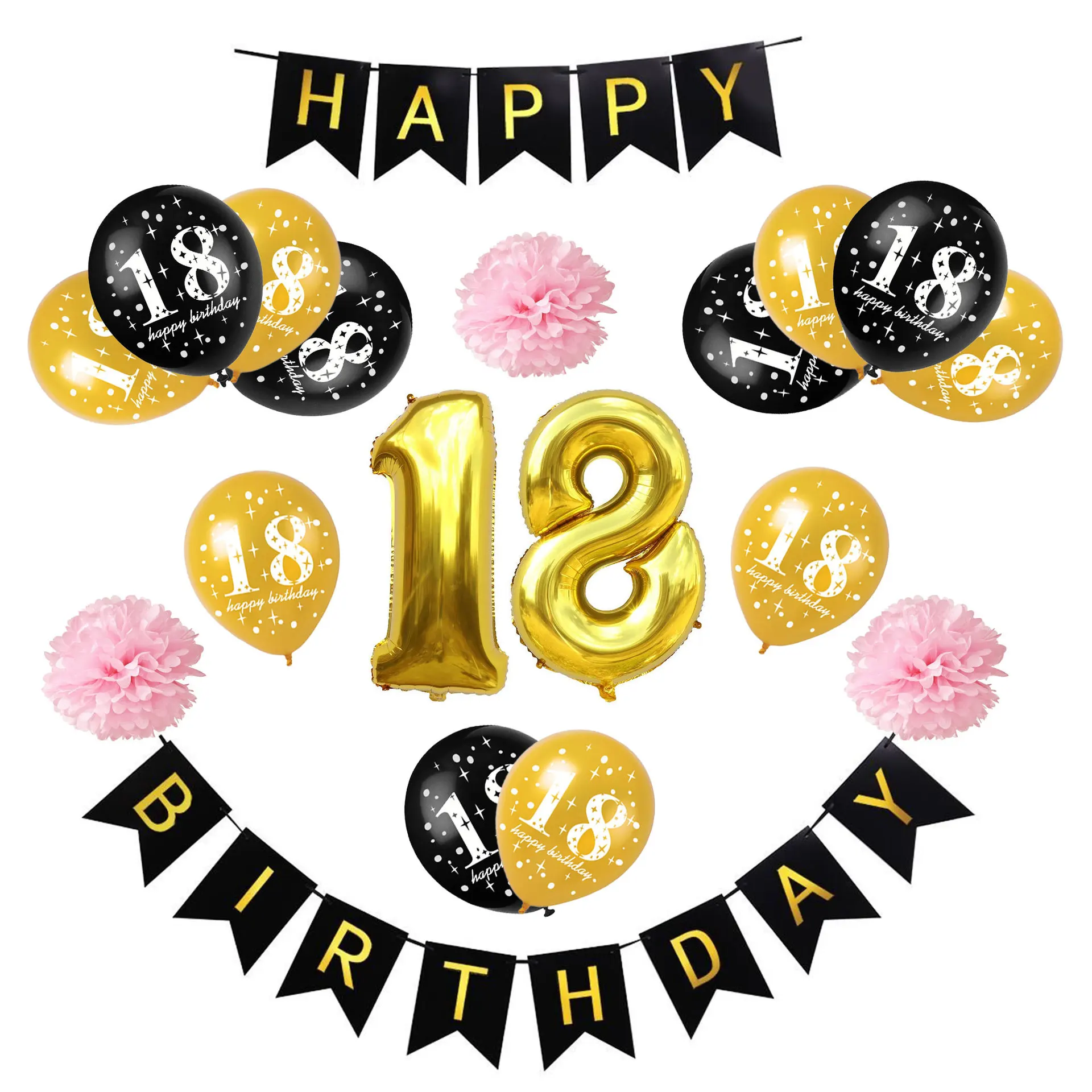 

SURSURPIRSE Gold Number 18 Foil Black Latex Balloon Set Paper Banner Pink Paper Pompom for 18th Boy Girl Birthday Party Supplies