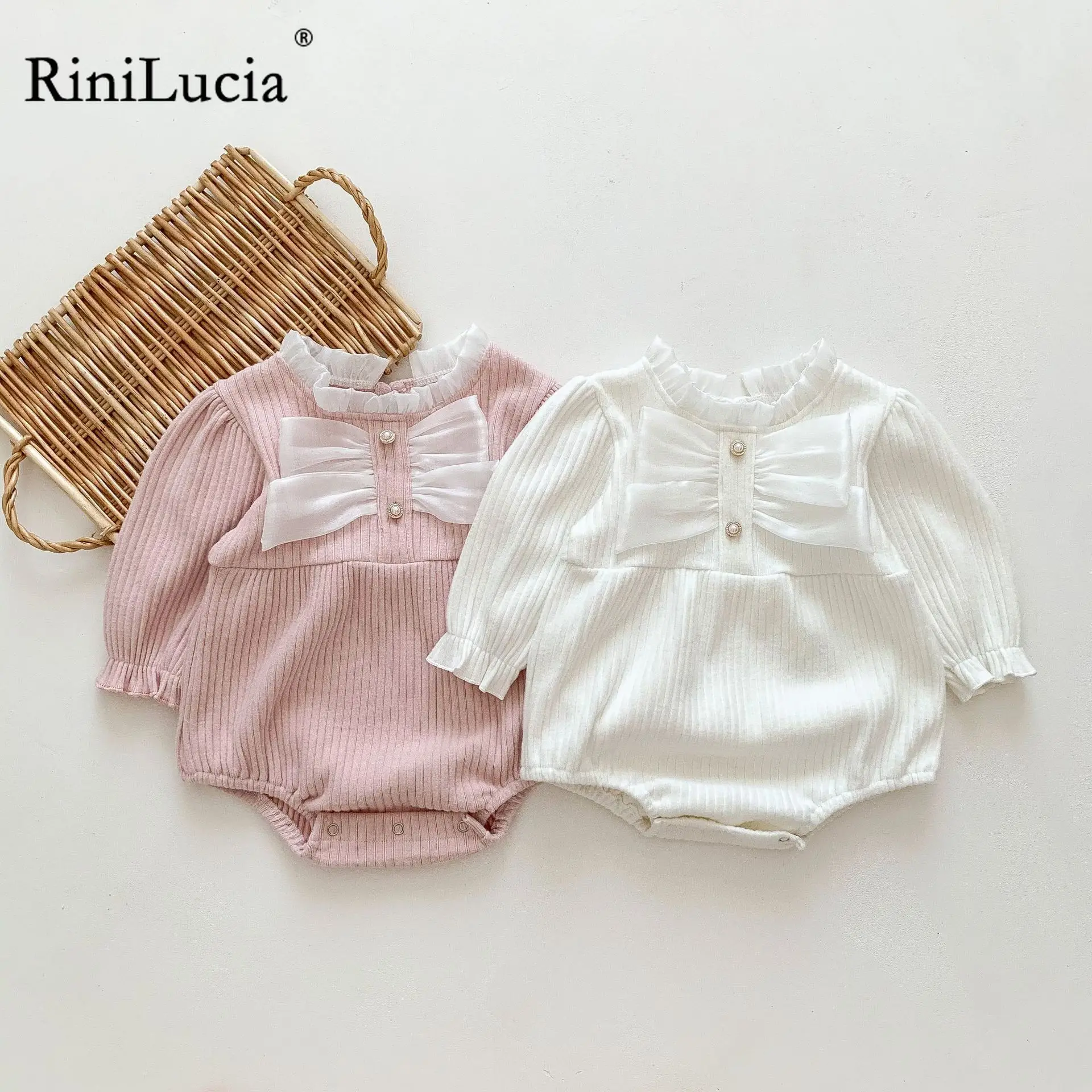 

RiniLucia Sweet Baby Girls Romper Autumn Long Sleeve Ruffles Bow Baby Rompers Infant Bodysuit 2023 New Jumpsuit Newborn Clothes
