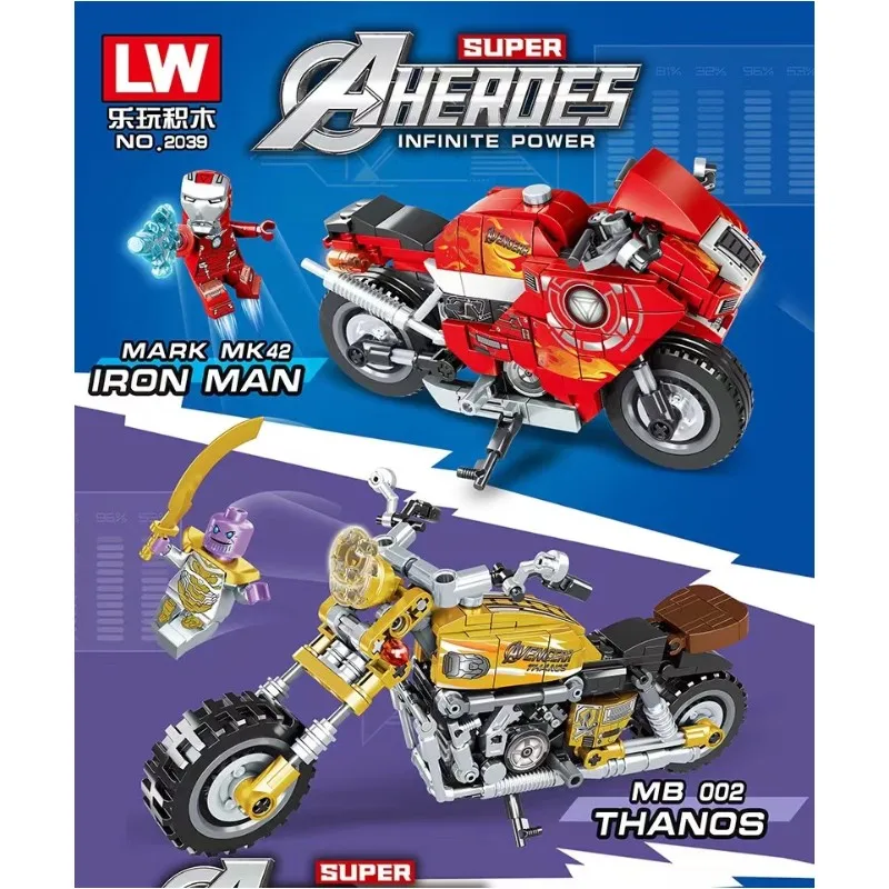 

New Marvel Avengers Black Widow Spider-Man Thanos Iron Man Motorcycle Building Blocks Hero Toys Children's Gifts Creative Boys