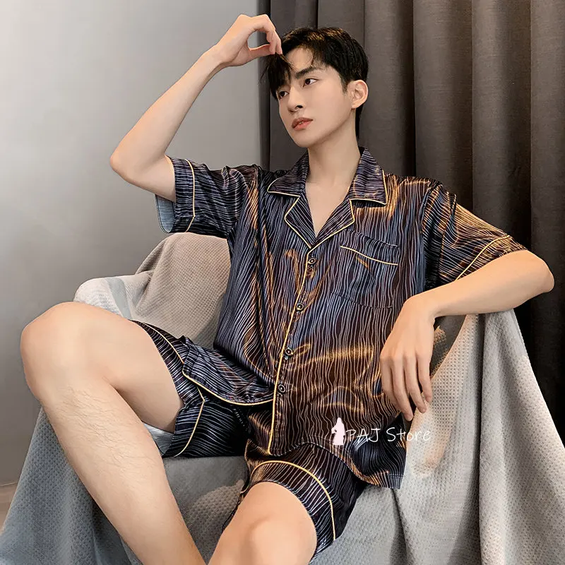 Men Pajama Sets Silk Satin Pijama Turn-down Collar Sleepwear Short Sleeve Spring Nightwear 2 Pieces Sets Homewear L-5XL
