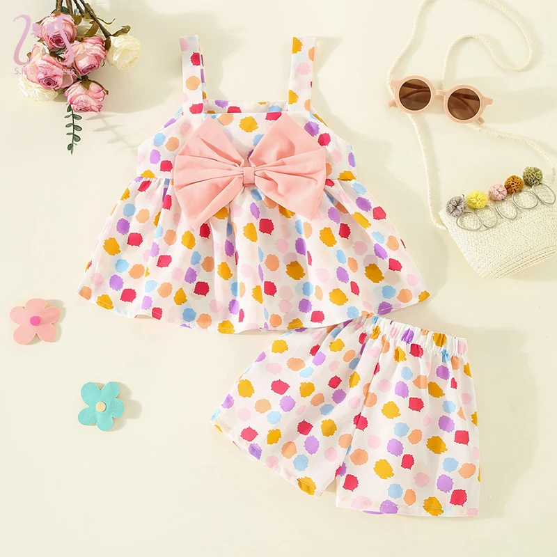 

2Pcs/Set Summer Baby Girls Colorful Children Clothes Suit Chiffon Thin Toddler Kids Costume Sweet Bow Tops Shorts 0 to 3 Years