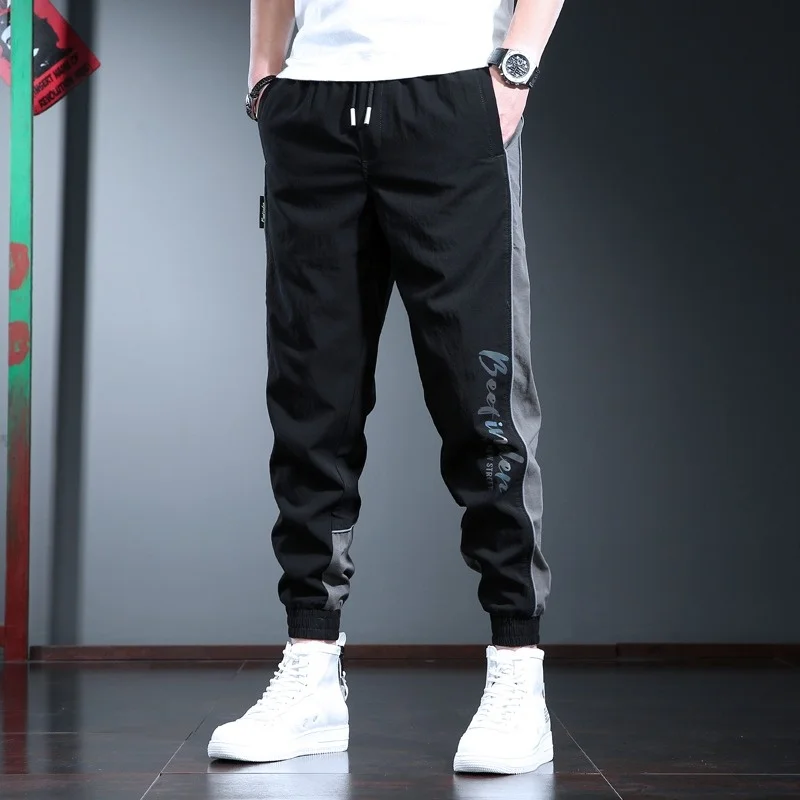 Side Fashion Stripe Baggy Sport Pants Men 2023 Summer Thin Casual Streetwear Black Drawstring Joggers Trousers
