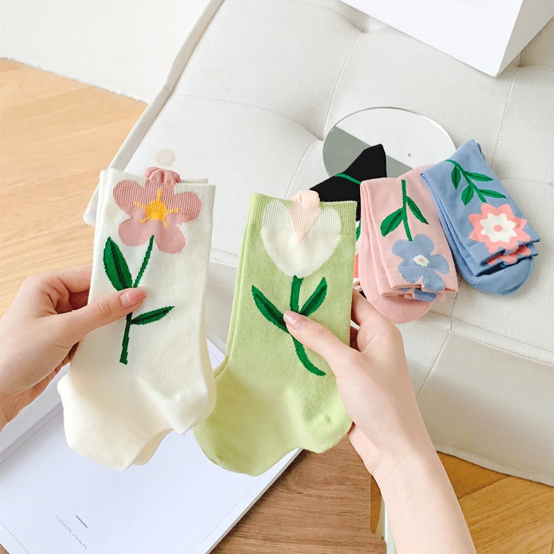 1 Pair Women Socks Flower Pattern Ruffle Cute Kawaii Japanese Korean Style Cartoon Harajuku Breathable Casual Short Cotton Socks
