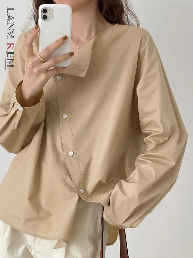 

LANMREM Irregular Single Breasted Shirts Women 2022 Summer Round Neck Long Sleeves Chic Korean Style Shirt Fashion Top 2R2163