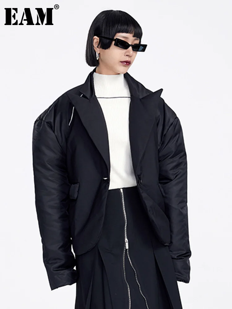 

[EAM] Свободная приталенная короткая куртка на утином пуху, новая теплая Женская парка с отворотом и длинным рукавом, модная зимняя 2023 1DF3934