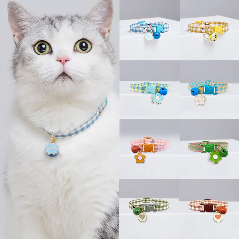 

Cute Multi-colored Checkered Cat Collars Dog Bell Collars Cat Sweet Collars Adjustable Puppy Kitten Necklace With Bells Pendant