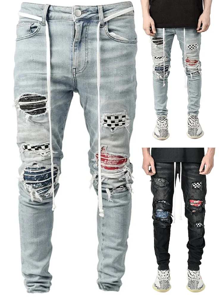 

Мужские джинсы, уличные рваные узкие джинсовые Стрейчевые брюки в стиле хип-хоп, синие Молодежные джинсы для вечеринок, мужские повседневные спортивные брюки-карандаш, сы, Новинка