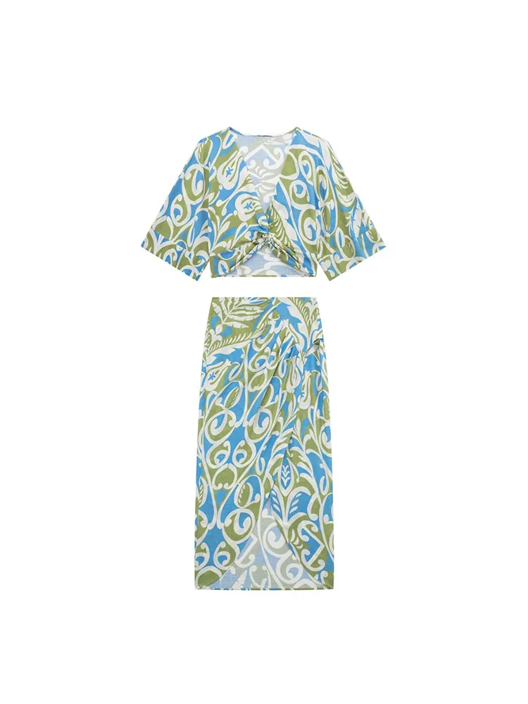 

Women 2023 Spring New Chic Fashion Printing Double Placket Midi Skirt Vintage High Waist Slit Female Skirts Mujer