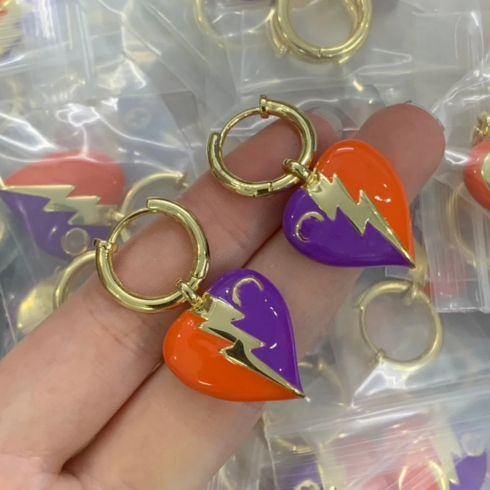 

European and American Trend Retro Copper Orange and Purple Heart Earrings Women Fashion Design Jewelry Accessories