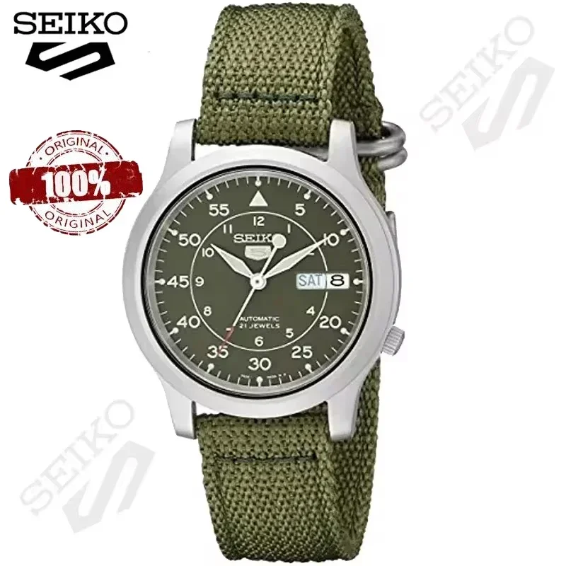 Часы наручные Seiko SNK805 из нержавеющей стали с зеленым парусиновым кварцевым