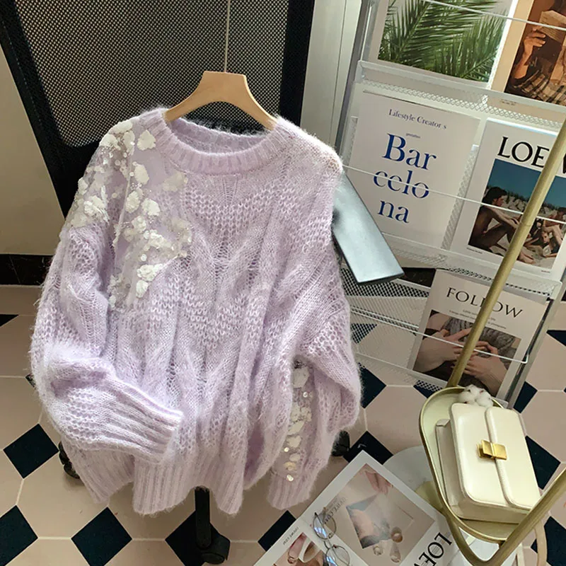 

LQ_SONGYI High Quality Sweaters Autumn Winter Women Sweaters Sequins Pullover O-Neck Long Loose Jumpers Candy Loose Female Tops