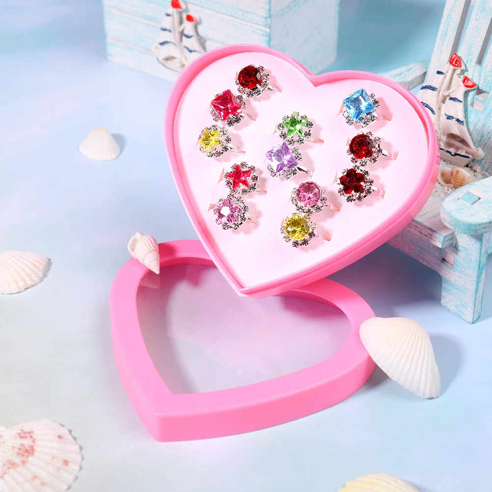 

24pcs Children Silver Zircon Rings Toys Sweet Rings Jewelry Girl Jewel Rings with Pretty Heart Shape Box (12pcs A Box)