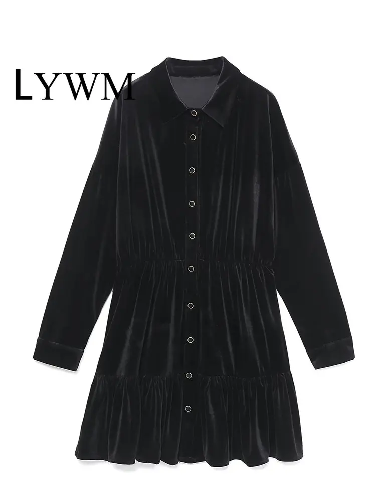 

LYWM Women Fashion Solid Velvet Single Breasted Mini Dress Vintage Lape Neck Long Sleeves Female Chic Lady Dresses