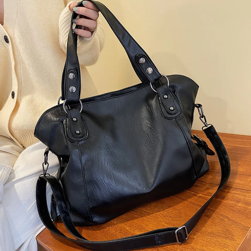 

Big Black Shoulder Bags for Women Large Hobo Shopper Bag Solid Color Quality Soft Leather 2023 Handbag Lady Travel Tote Bag
