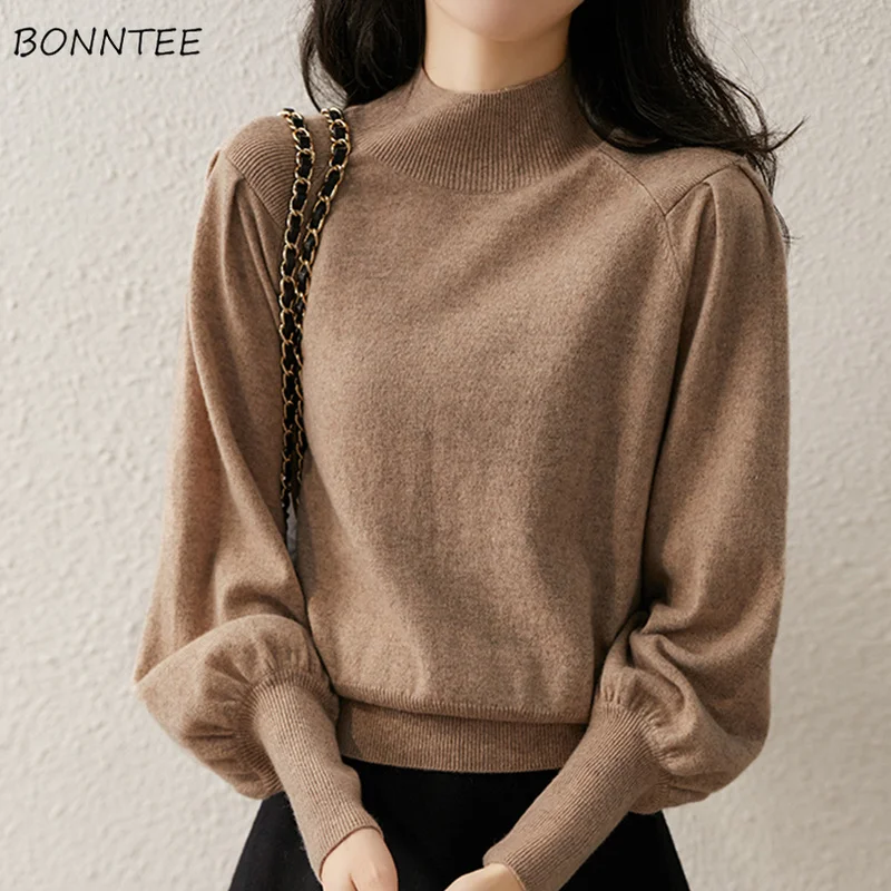 

Pullovers Women Elegant Stretchy Spring Causal Breathable Fashion Solid Daily Half High Collar Female Inside 2022 Hot Sale Knit
