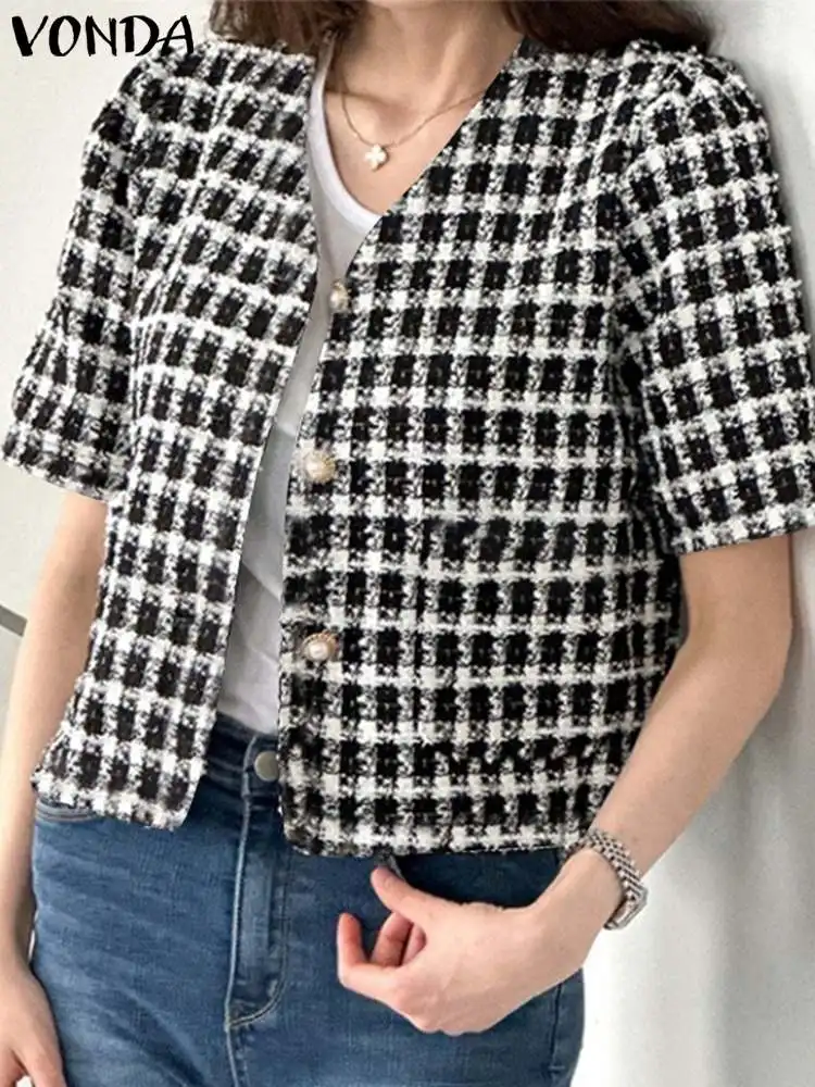 

Элегантный женский Блейзер VONDA 2023, модные пикантные уличные пальто с коротким рукавом и V-образным вырезом, повседневный летний блейзер в офисном стиле