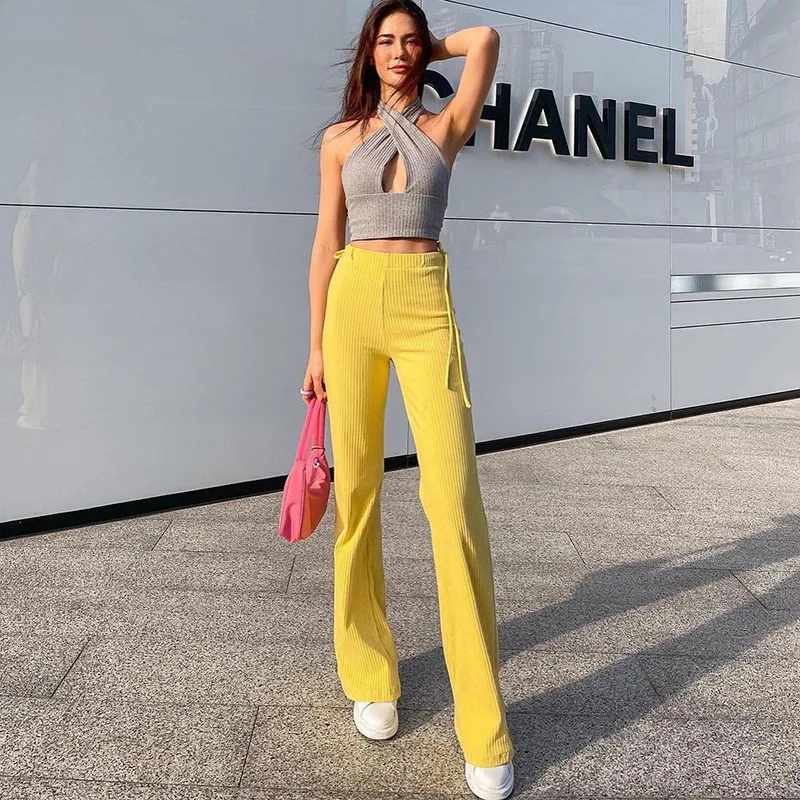 

Cutistation High Waist Knitted Trousers Women Summer 2022 Ribbed Wide Leg Flare Pants Yellow Y2k Streetwear Casual Sweatpants