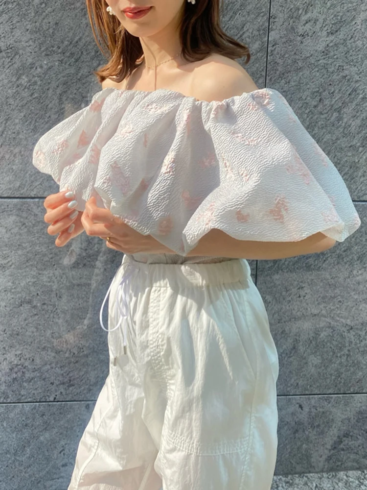 

2022 New Spring Summer Women Floral Print Ruffles Slim Fit Blouse Japan Style Sweet Off Shoulder Short Sleeve Shirts Tops Femme