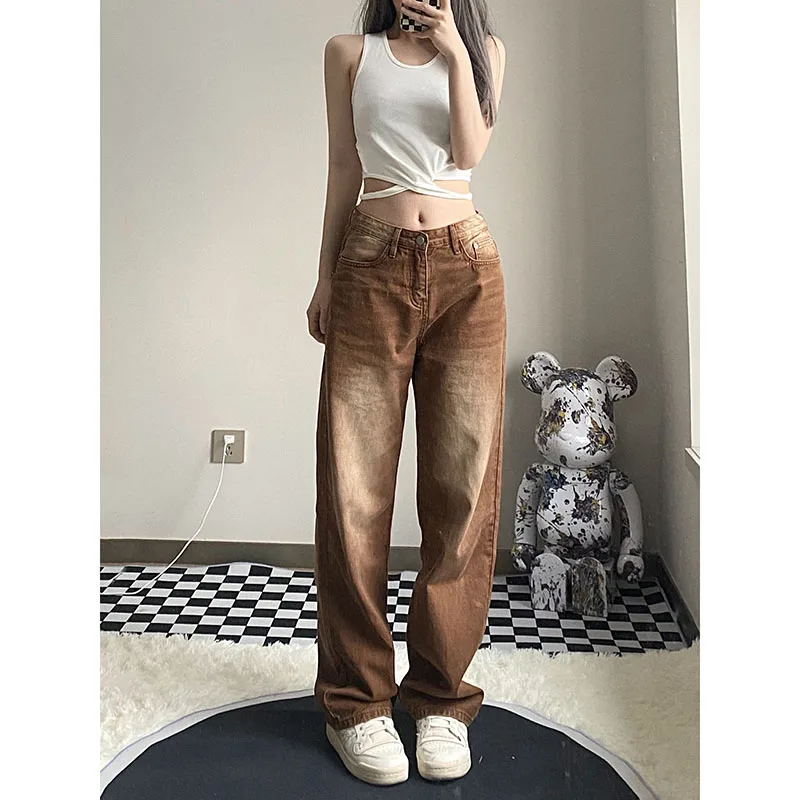 

2022 Fall Brown Straight Leg Jeans For Women High WaistTrend Denim Pants Mom Jean Baggy Pants Casual Comfort FashionTrousers