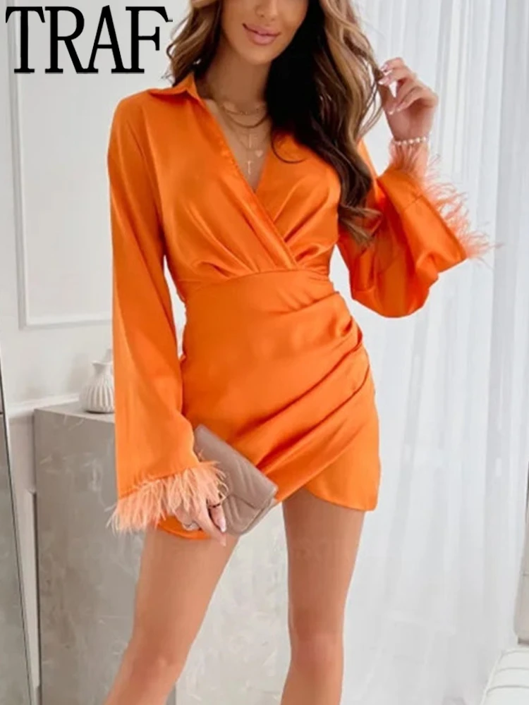 

TRAF Orange Feather Dress Woman Pleated Short Dress Women Streetwear Chic Wrap Woman Dresses Long Sleeve Summer Dress Women 2022