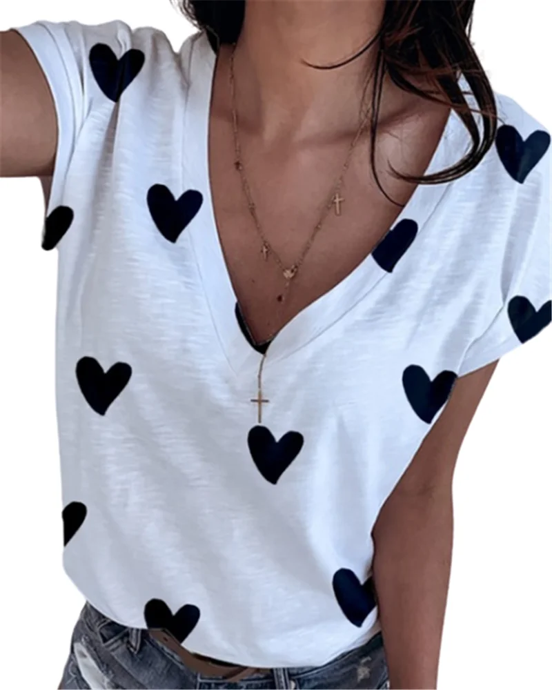 

Summer Women T-shirts Casual Harajuku Love Printed Top Tee Female V Neck T Shirt Short Sleeve T Shirt for Women Graphic T Shirts