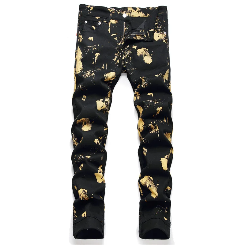 New Fashion Men's Jeans Gold Print Cotton Straight Sleeve Pants Fashion Men's Mid Waist Black Casual Street Pants