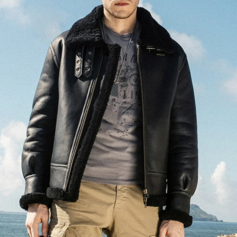 

Мужская зимняя авиаторская куртка из овечьей шкуры, куртка-бомбер из 2023 натуральной кожи, шерстяные куртки, тяжелые байкерские парки с натуральным мехом