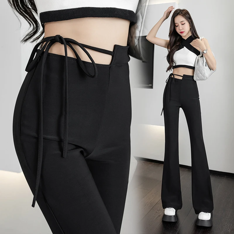 Korean Fashion Bandage Pants Woman Casual Streetwear Lim-Fit Skinny Trousers Female Girls Asymmetry Bell-bottoms Dropshipping