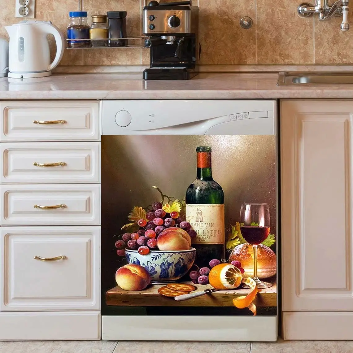 

Wine and Grape Kitchen Dishwasher Magnet for Metal Washer, Vintage Style Dishwasher Magnetic Cover, Decorative Refrigerator Cove