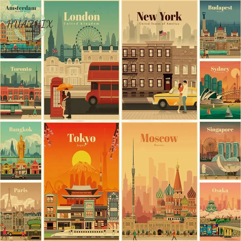 

World Travel Minimalist Vintage Posters New York City Poster Kraft Paper Print Wall Art Decoration Picture Home Bar Cafe Decor