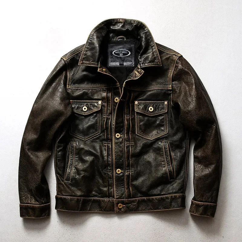 

Men's Genuine Cowboy European Style Motorcycle Biker Vintage Jacket Brand Luxury Cowhide Leather Coat