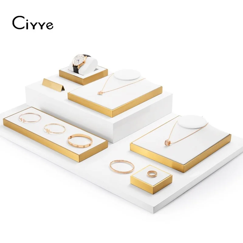 

Ciyye White Jewelry Display Stand for Necklace Earrings Ring Jewelry Accessories with Metal Leather Showing Shelf