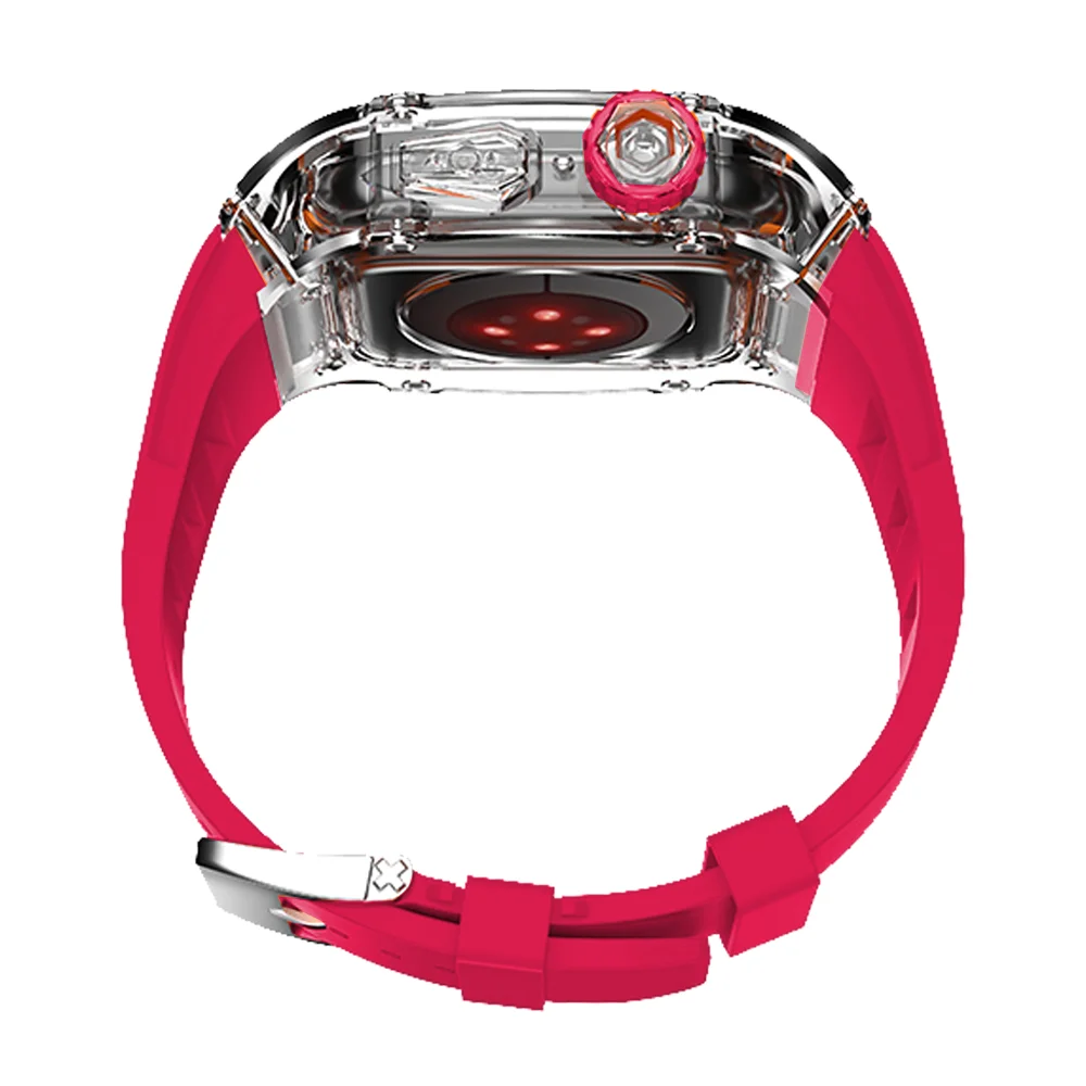 Transparent Bezel Metal Case for Apple Watch 44MM 45MM Fluorine Rubber Strap for Iwatch Series 7 6 5 4 Se Urban Sports Mod KITS