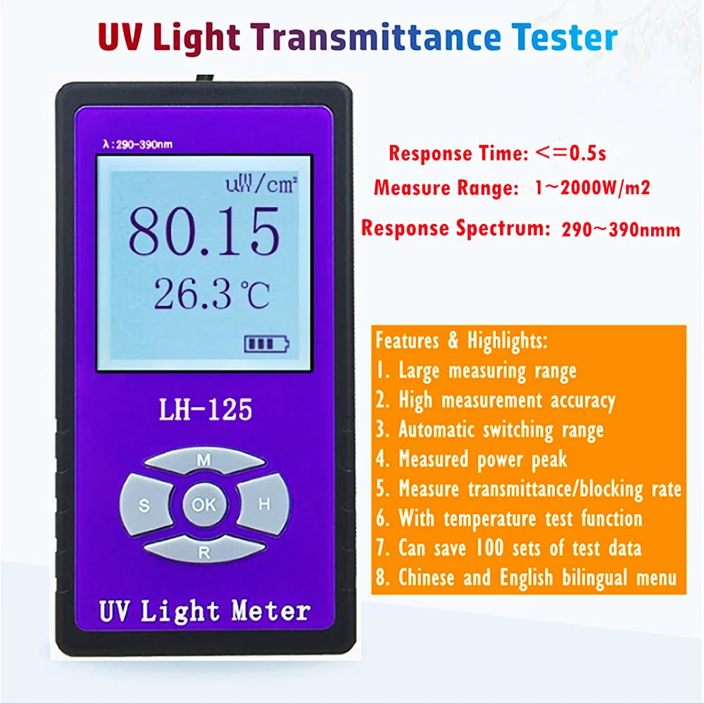 

LH-125 Ultraviolet Transmittance Tester UVA UVB Penetration Detector Ultraviolet Radiation Radiometer Barrier Rate Tester