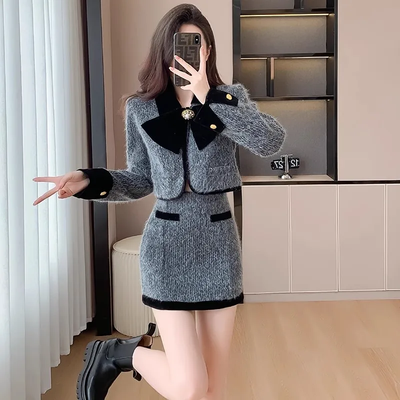 

New Autumn Runway Wool 2 Piece Set Skirt Designer Winter Women Bowknot Short Jacket Coat+Sexy Mini Skirt Wool Blend Plaid Suits