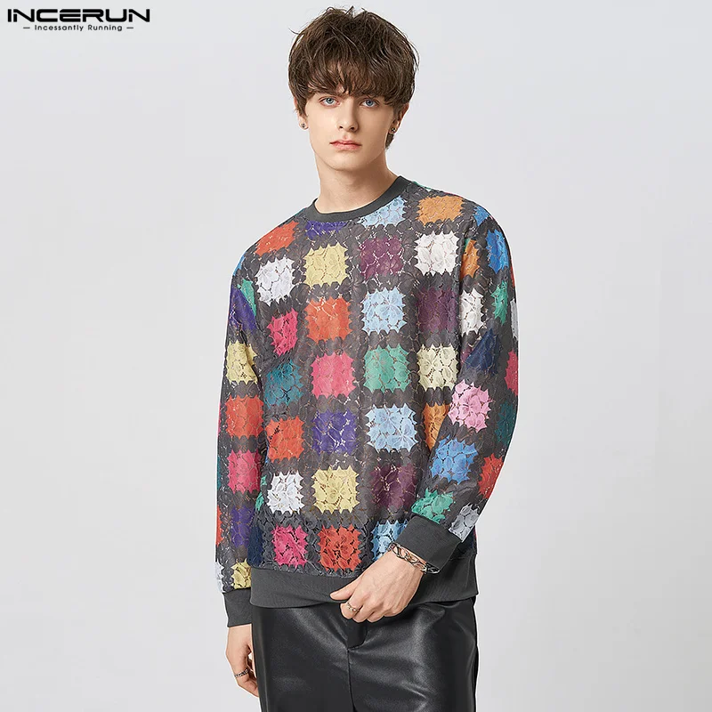 

2023 мужские футболки с ярким принтом, сетчатые прозрачные футболки с круглым вырезом и длинным рукавом, пикантные повседневные футболки в уличном стиле