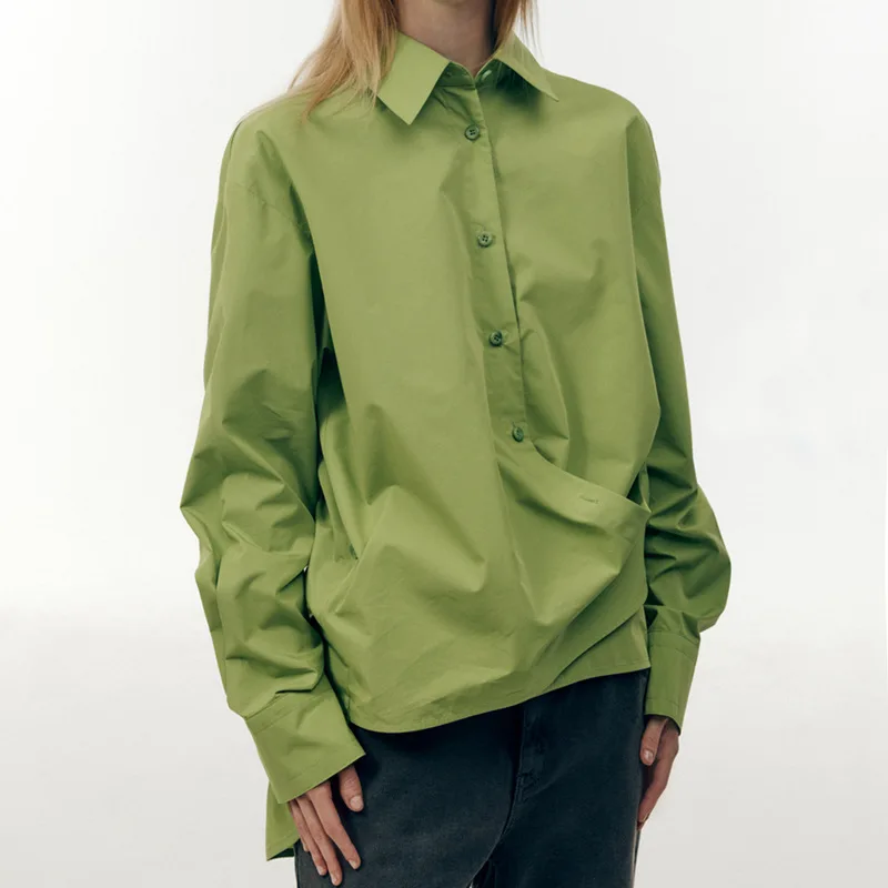 Low Classic Simple Commuter Lapel Long Sleeve Shirt Irregular Hem Shirt Shirt Women's 22 Autumn New High Quality