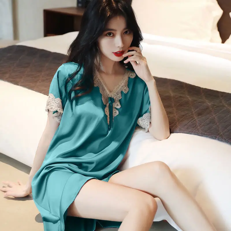 Female summer nightgown  style women's summer ice silk loose large silk pajamas with short sleeves pajamas