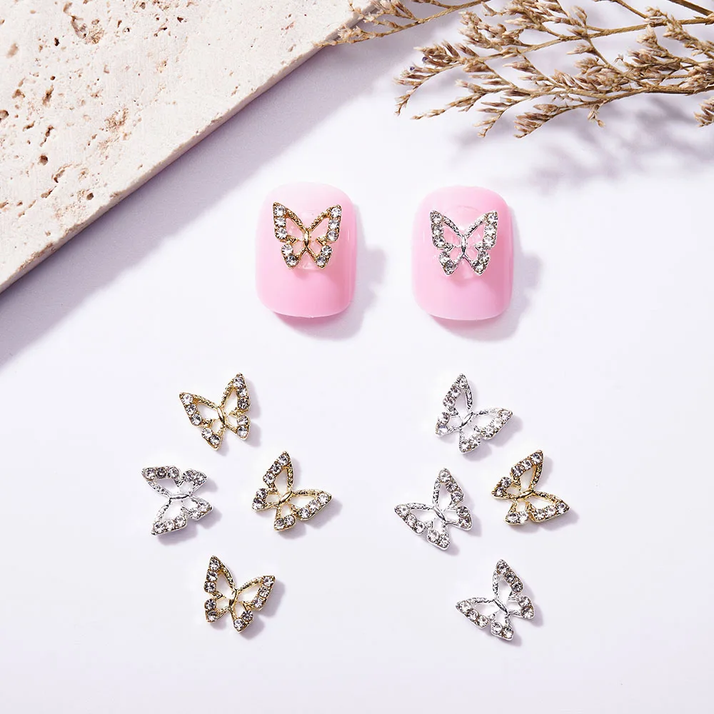 

10pcs Hollow Butterfly Nail Diamond Charms 3D Gold/Siver Alloy Jewelry Ornament DIY Glitter Manicure Nail Art Decorations