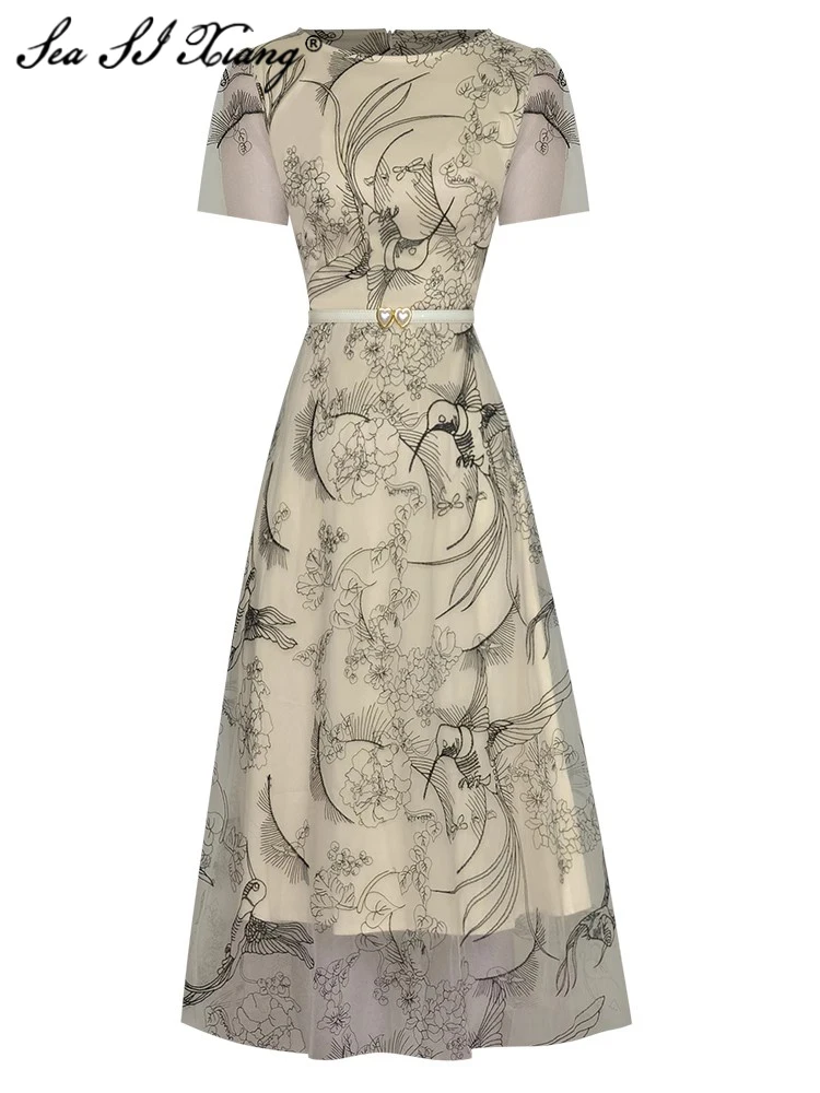 

Женское винтажное платье миди Seasixiang, дизайнерское летнее платье с круглым вырезом, коротким рукавом, поясом и сетчатой вышивкой