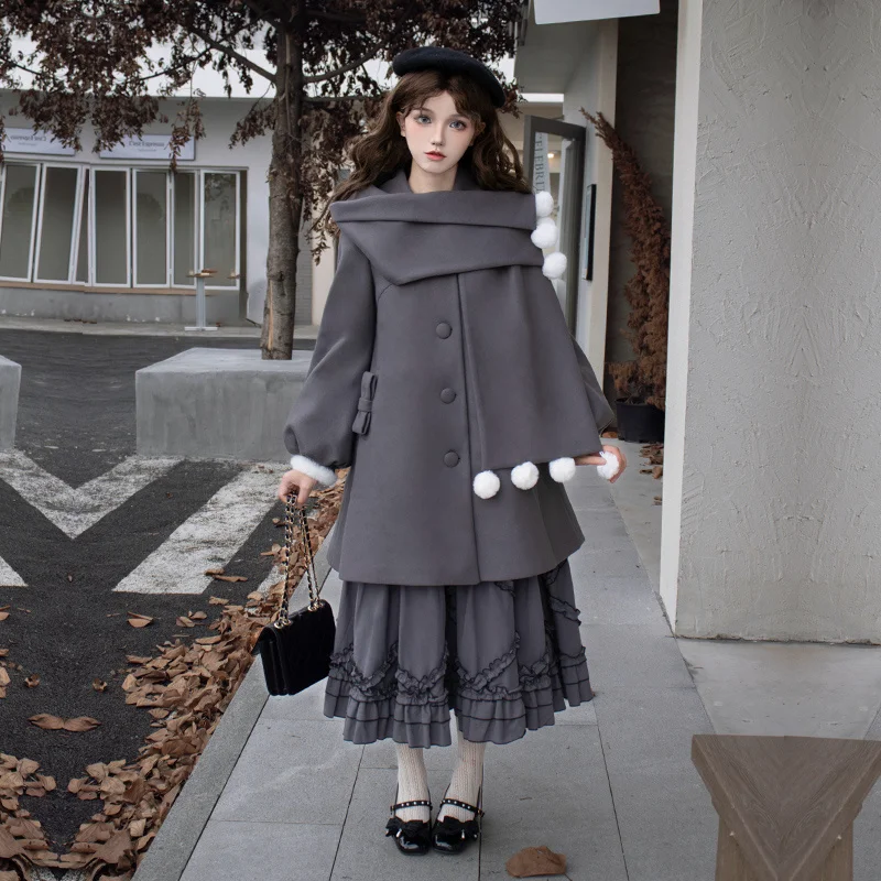 Зимнее пальто в стиле Лолиты серо-красный шарф пушистое шерстяное женское теплое