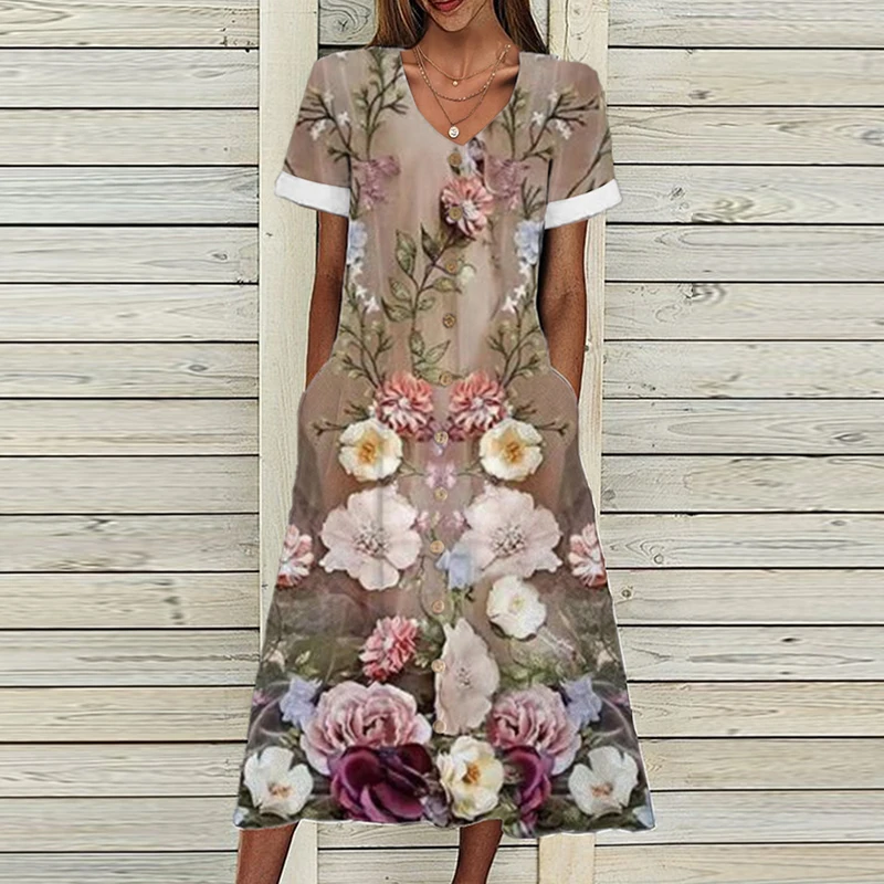 

Casual Women Bohe Party Dress Chic Floral Print V-neck Pockets Office Dresses Lady Vintage Patchwork Short Sleeve Long Dress