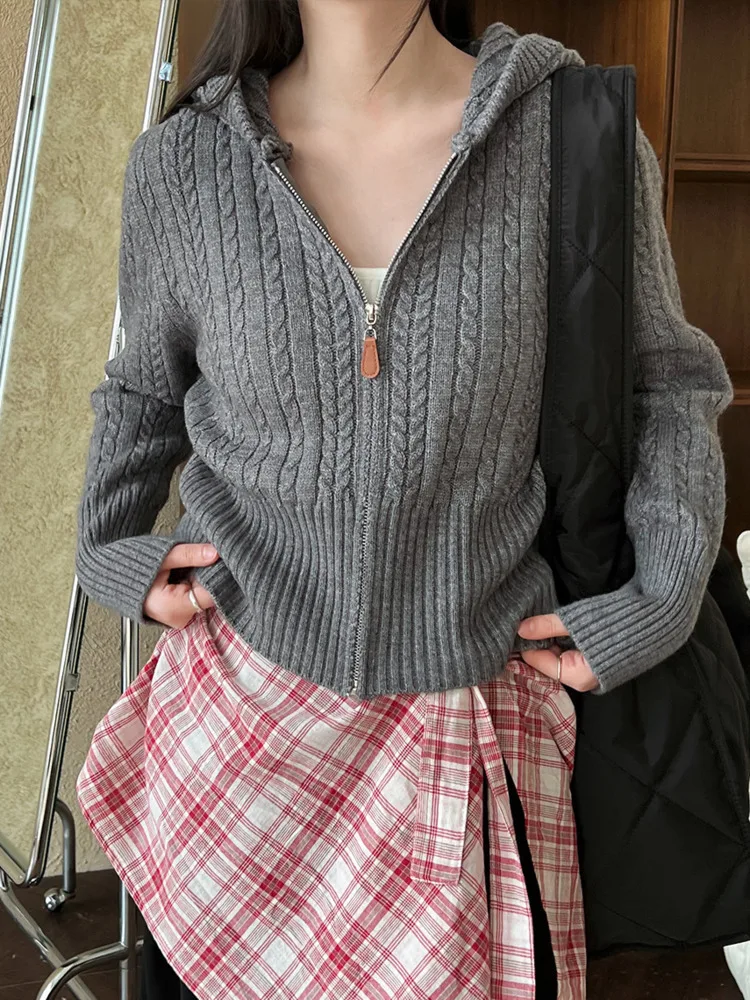 [LANMREM] вязаный кардиган с капюшоном свитер женские офисные теплые свободные