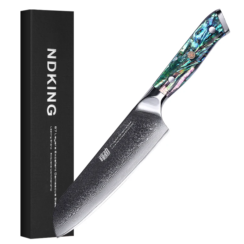 FINDKING Gorgeous Series 67 Layers Damascus Steel Kitchen Knife Abalone Resin Handle Professional Japanese 7 inch Santoku Knife