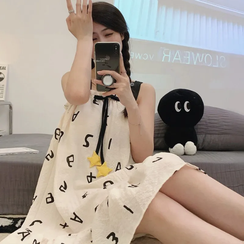 2023 New Pure Desire Wind Girl's Pajamas Loose Sweets Summer Long Length Printing  Lady's Sling Nightwear Nightdress With Bra