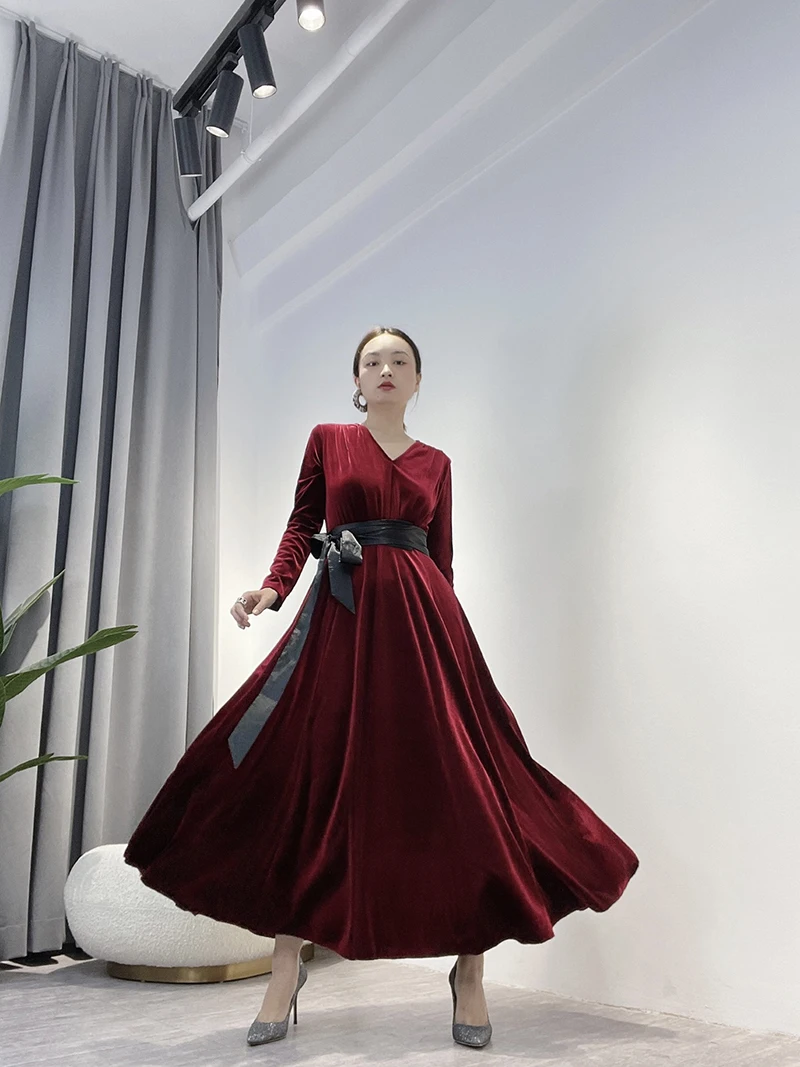 

Red Wine Color Velvet Dress Party Ball Gown Women