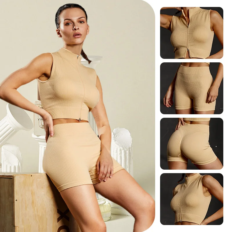 

Бесшовный комплект для йоги на молнии, верх, женские шорты для тренажерного зала, комплект из двух предметов, спортивный бюстгальтер, трико, леггинсы в рубчик, тренировочный костюм, спортивный костюм для фитнеса 2023