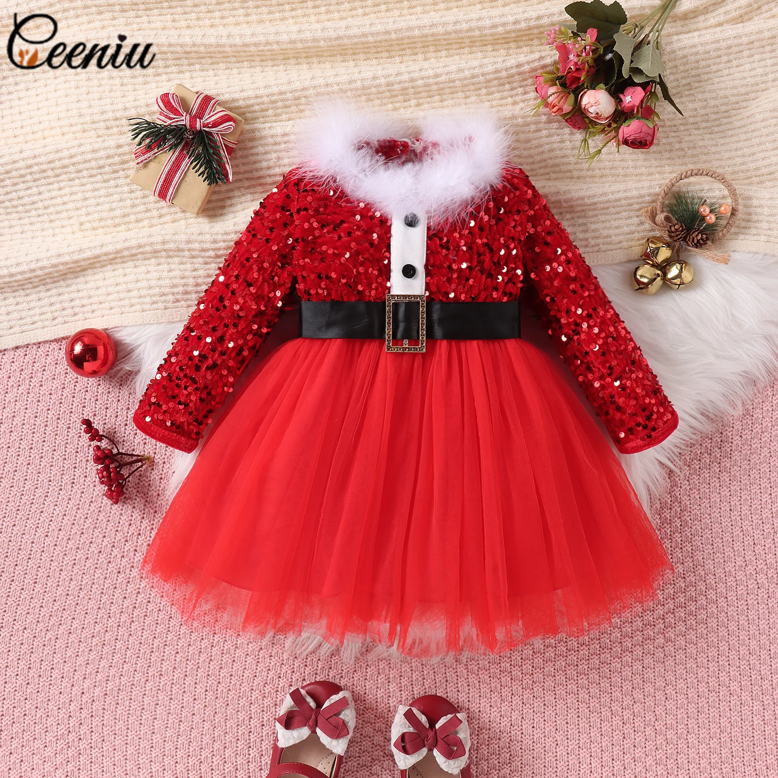 

Ceeniu 0-5Y Fall Winter Baby Toddler Christmas Costume Red Sequins Dress For New Year Clothes Party Christmas Dresses For Girls