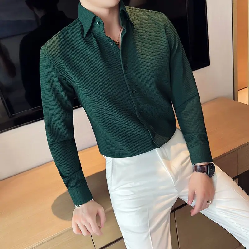 Autumn long-sleeved shirt men's Korean version of the waffle new trend business casual men's tailored senior shirt